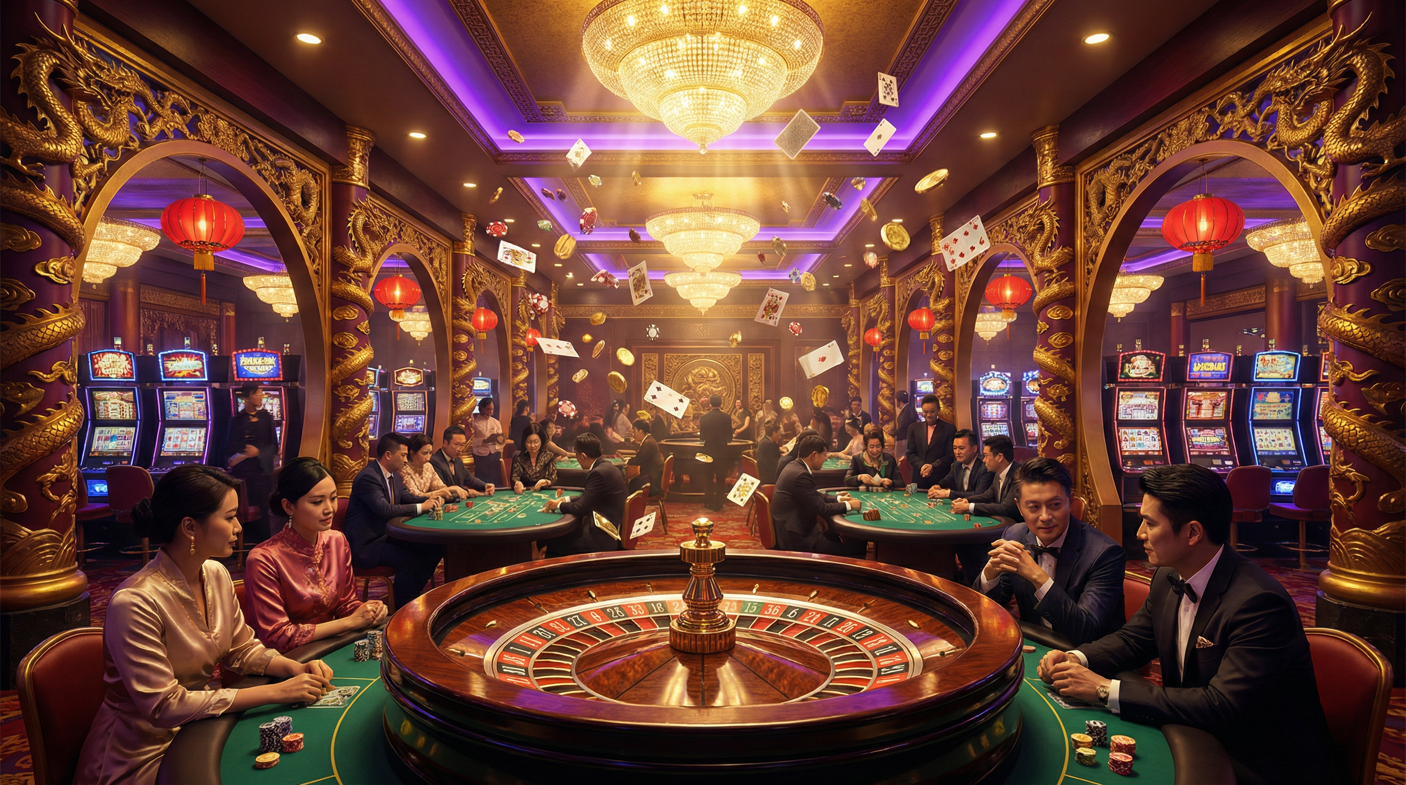ng娱乐豪华博彩大厅展示,包含轮盘、扑克桌和老虎机